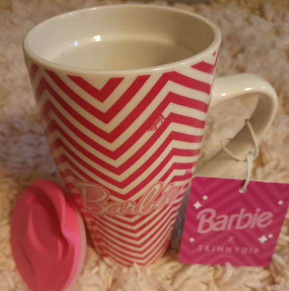 Barbie X SkinnyDip London Pink Chevron Ceramic Travel Mug & Lid, 16 Ounce. - Picture 1 of 5